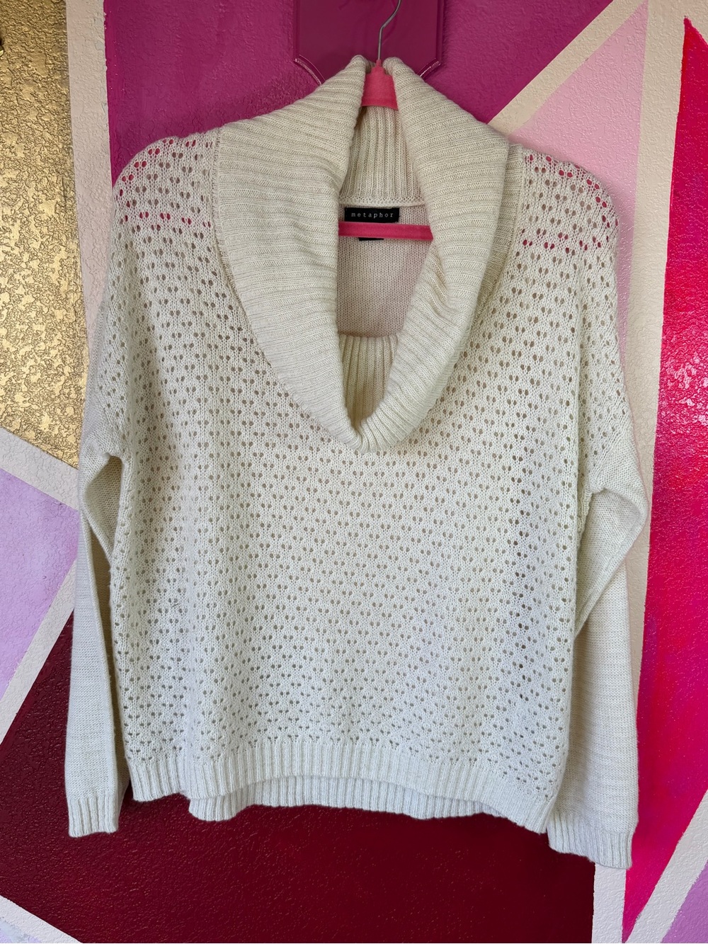 Metaphor Ivory Sparkle Open Knit Sweater Sz XL Cowl V-Neck Crochet Look